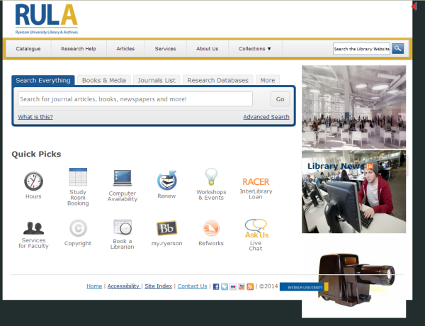 screenshot of ryerson library website with JavaScript turned off showing all carousel images in a single column covering other content