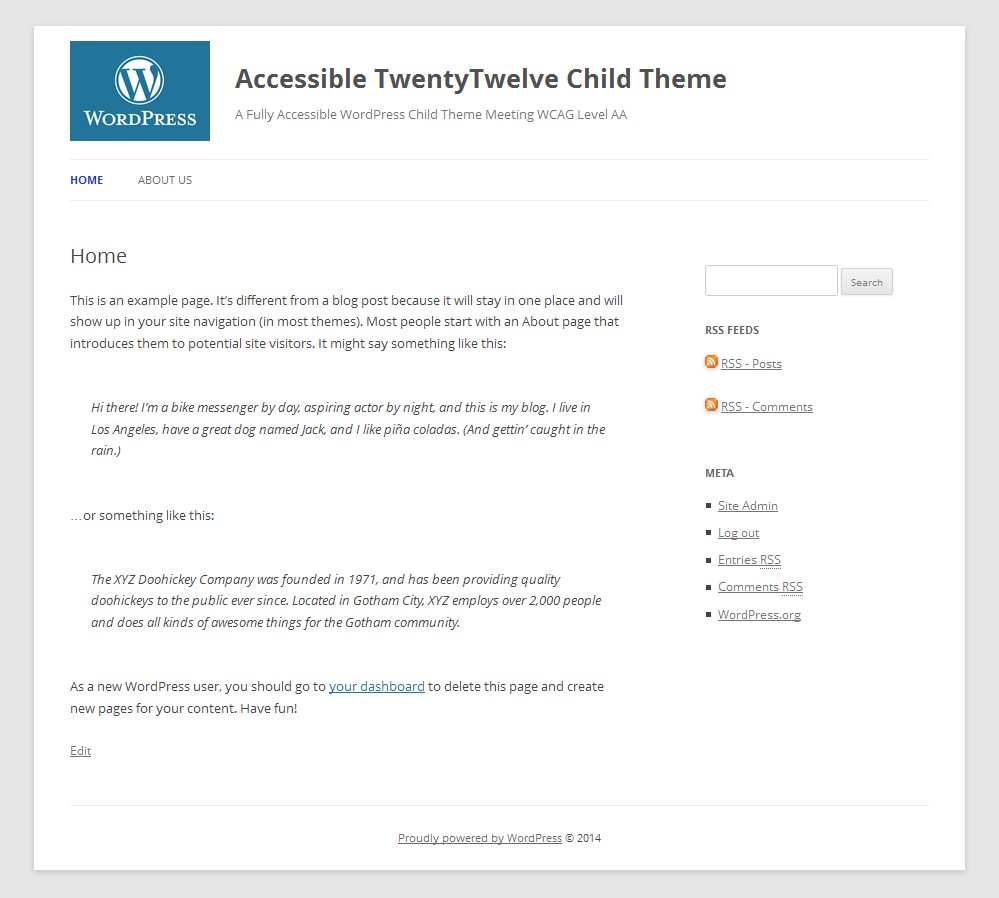 screenshot of sample page from child theme
