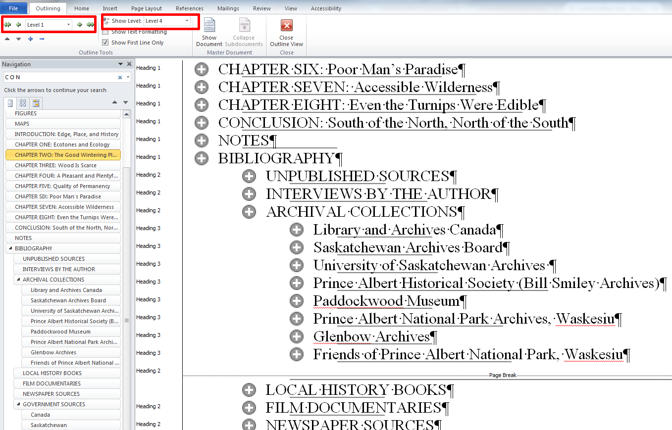 word outline view